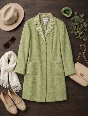 Bloomingdales Vtg Green Tweed Silk Lined L Sleeve Duster Relaxed Fit Coat. 18 W